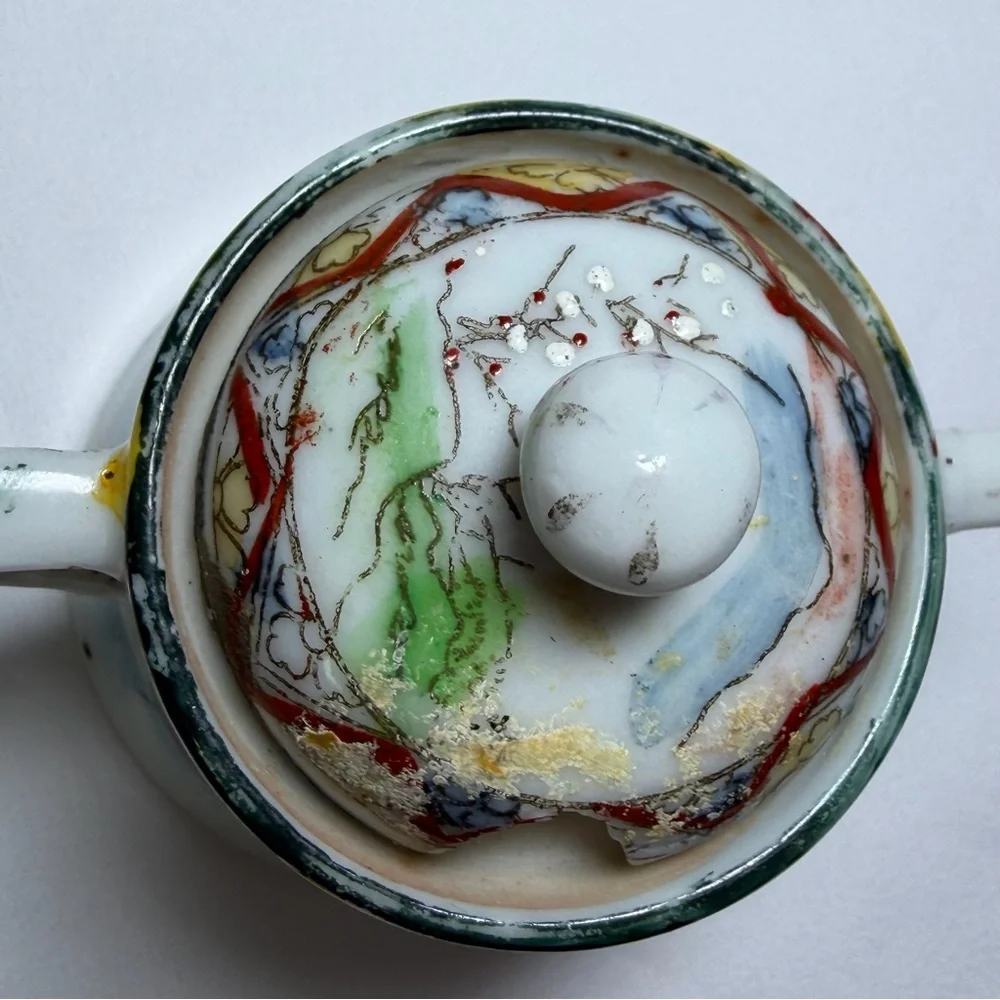 Antique Porcelain Nippon Mini Sugar Bowl Hand-Painted Japanese Scenic Geisha Art